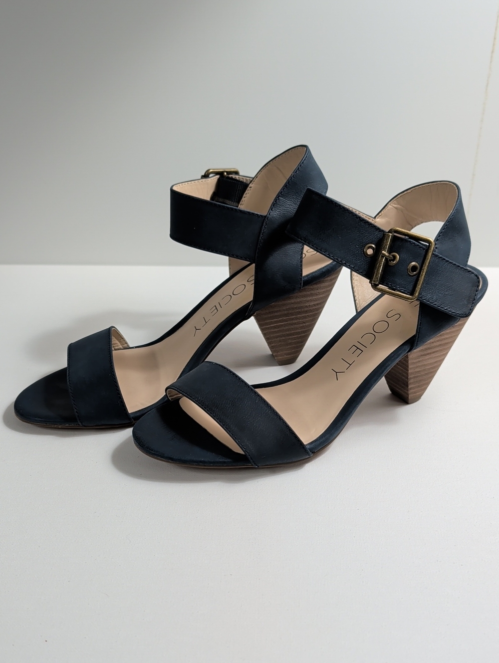 Sole Society Missy Dark Blue Leather Sandal Heels Size 8